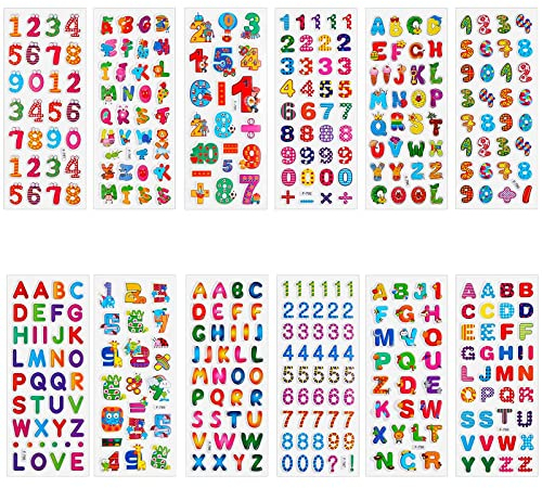 Aphrordity 12 Blätter 3D Sticker Set, Numerische Buchstaben Aufkleber Kinder, für Intelligenz Kinderaufkleber Wasserdicht Belohnungsaufkleber Vinyl Sticker Set Kinder Geeignet für Erwachsene Kinder