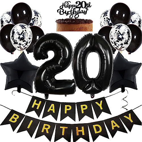 Feelairy Geburtstagsdeko 20 Jahre Junge, Luftballon 20. Geburtstag Deko Mädchen, Schwarz Tortendeko Happy 20th Birthday Deko 20 Jahre Mädchen, Ballon 20. Geburtstag Party Dekoration Set