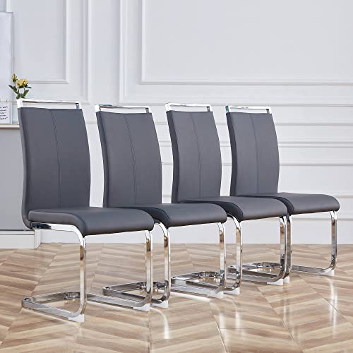 KecDuey Esszimmerstühle 4er Set,Freischwinger Schwingstuhl 4er— Esszimmerstuhl mit Metall-Gestell & Bezug aus Kunstleder, Polsterstuhl,Küchenstühle (4er Set Grau)