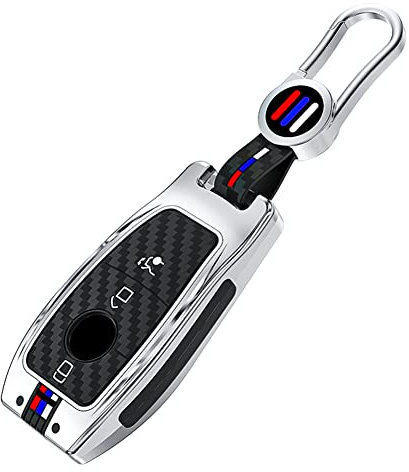 Happyit Zinklegierung Autoschlüsselabdeckungen für Mercedes Benz A C E S G Klasse GLC CLE CLA GLB GLS W177 W205 W213 W222 X167 AMG mit Carbonfaser-Muster Silikon (3 Knöpfe Silber)