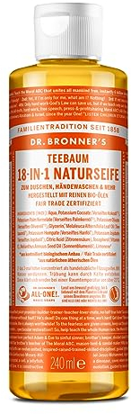 Dr. Bronners 18-IN-1 Naturseife | Organic Flüssigseife | Teebaum | Mit ätherischem Bio Teebaumöl | Duschgel, Handseife, Shampoo und vieles mehr | Mit Bio Kokos-, Oliven- und Jojobaöl |240 ml