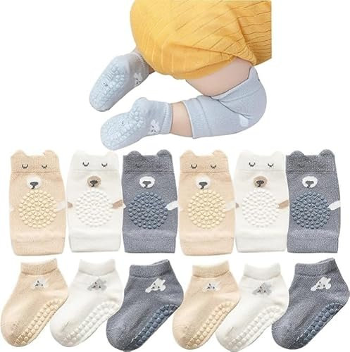 MUSLONG 3 pares de rodilleras y calcetines para bebé, antideslizantes, con puntos de goma, protectores para gatear, rodilleras para niños pequeños, Oso pequeño., Infant