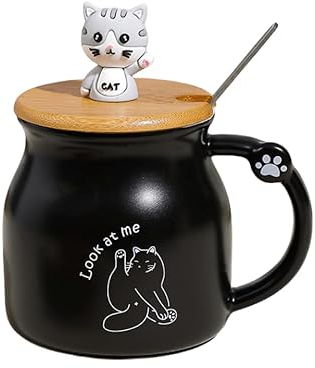 EeAaSsTy Tasse à café en céramique - Motif chat - Tasse à thé avec couvercle en bois et cuillère en acier inoxydable - Cadeau pour les amoureux des chats - Tasse à la mode pour femme - 350 ml (noir)