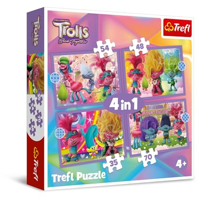 Trefl – Trolls Band Together, Abenteuer der Bunten Trolle – Puzzle 4-in-1, von 35 bis 70 EL. – Unterschiedlicher Schwierigkeitsgrad, Buntes Puzzle mit Helden der Fernsehserie, für Kinder ab 4 Jahren