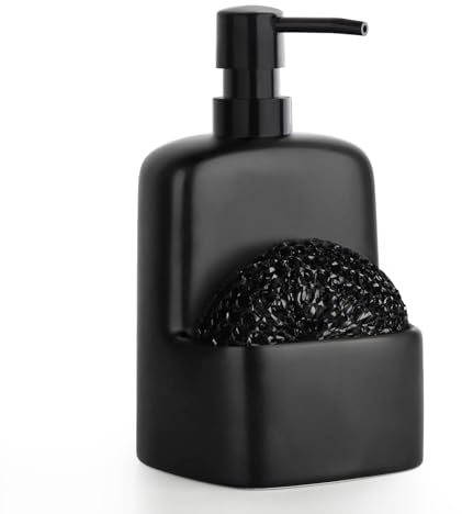 Autumnlife Seifenspender Schwarz, Spülmittelspender aus Keramik für Küche, Großer Flüssig-Handseifenspender mit Schwammhalter, Nachfüllbarer Matt Seifenspender für Bad, Küche, 600ml