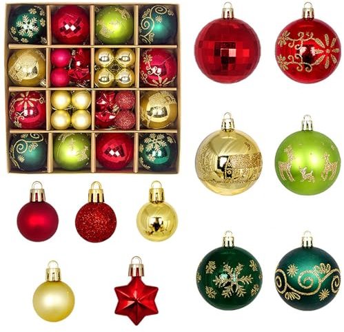 44 Stück Weihnachtskugeln mit Aufhänger, 6CM Christbaumkugeln Kunststoff Rot & grün & Gold & Weiß, Christbaumschmuck Anhänger Weihnachtsbaumkugeln Weihnachtsdeko (01)