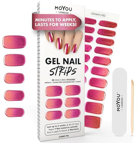 MOYOU LONDON Semi Cured Gel Nail Strips - 20 Pcs. Waterproof Gel Nail Wraps, Cures in Sunlight or UV/LED Lamp, Lasts Up to 2+ Weeks, Stretchable, Easy to Apply & Remove, Vegan & Cruelty-Free