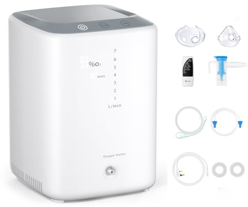 RINRI Concentrador de Oxígeno, 93%±3% Generador de Oxígeno de Alta Pureza, 1-7L/min Flujo Ajustable, Máquina de Oxígeno con Control Remoto, Humidificación Automática, Adecuado para Uso Doméstico