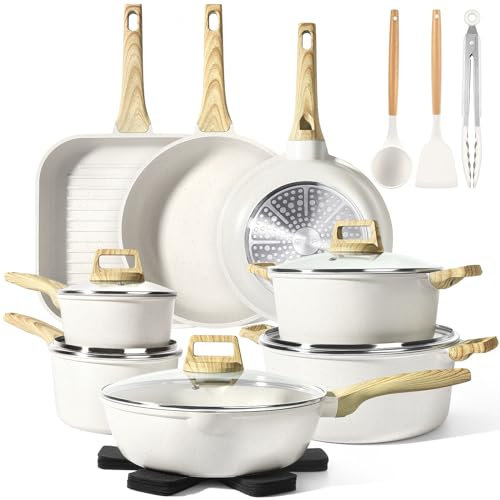GiPP Lot de 21 casseroles et poêles antiadhésives en granit blanc - Batterie de cuisine antiadhésive pour induction - Batterie de cuisine non toxique avec ustensiles en silicone, sans PFOS et PFOA