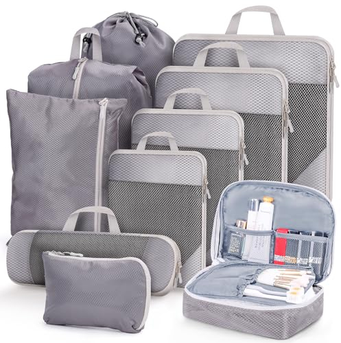 MUUKAIII Koffer Organizer Set 10 Teilig, Packing Cubes Compression, Packtaschen mit Kompression, Travel Organizer für Koffer und Rucksack, Packwürfel, Kofferorganizer Reise Kleidertaschen, Grau