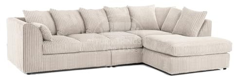 New Luxor Long Fabric Corner Sofa | Soft Jumbo Cord 4-5 Seater Corner Sofa Left hand or Right Hand (Cream, Right Hand Facing - Scatter Back)