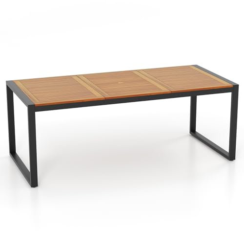 COSTWAY 2m Outdoor Dining Table, 8-Person Acacia Wood Garden Table with Slat Tabletop, Umbrella Hole, Metal Legs & Adjustable Foot Pads, Rectangular Bistro Patio Table (200 x 90 x 75 cm)