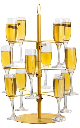 QCBF Gold Champagne Tower Cocktail Tree Stand, 3 Tier - 12 Holders, Modern, Medium Size, Perfect for Social Gatherings, Casual Nights, Formal Events