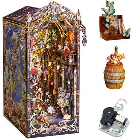 DIY Book Nook Dollhouse Kit with Music Box Puzzle Toys Miniature Furniture Creative Bookstand Craft Teen Kid Birthday New Year Gift (Fairy Tale Elf)