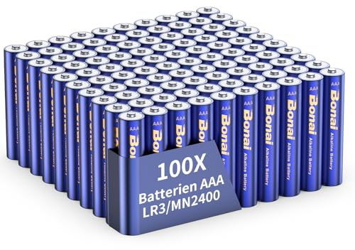 BONAI Longlife - Batterie alcaline AAA (100 pezzi) da 1,5 V Micro LR03, potenti, ideali per sveglia, termometro, lampade decorative e altri dispositivi con elevato fabbisogno energetico