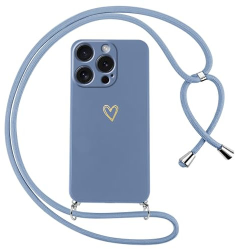 Oelrstfe Coque pour iPhone 15 Pro Max avec Cordon de Collier Étui Housse Souple Silicone avec Motif Coeur et Portable Lanyard Réglable Antichoc Anti-Chute Bandoulière Lanière Case,Bleu