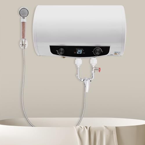 Boiler 30L, Warmwasserspeicher Elektrischer Tank-Wassererhitzer mit Wasserhahn, Duschkopf, 3 x Schlauch, Leckage-Schutz, Temperaturregelungsbereich 25-75°C, Weiß