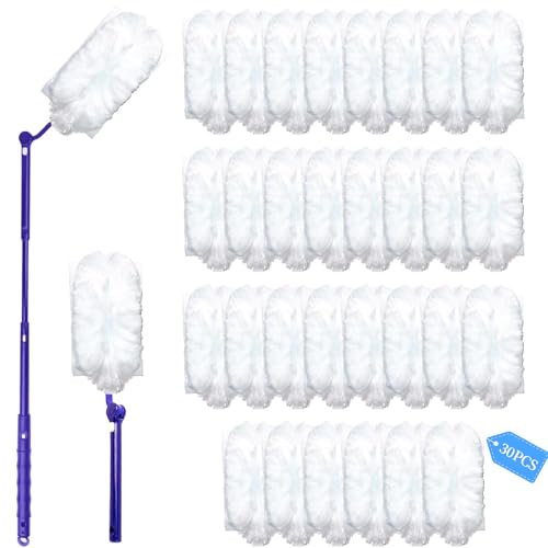 30PCS Duster Refills Compatible with Swiffer, Microfiber Fluffy Dusters Refills with Extender Handle and 270° Short Handle, Disposable Heavy Duty Electrostatic Duster for Home and Car Cleaning