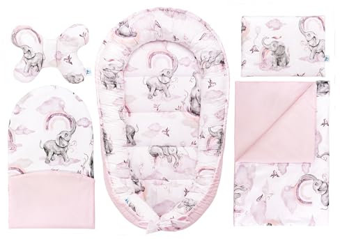 PEPI - 5 teilig Babynestchen Set - Babynest 95x50 - Babydecke - Matratze - Kopfkissen - Kissen - 100% Baumwolle - Baby Erstausstattung Neugeborene - (Baumwolle, eledreams pink)