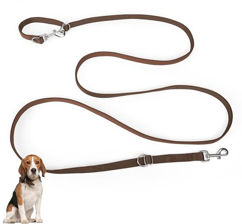 PETCOOZ Hundeleine 3 m Verstellbare Schleppleine mit 2 Karabiner, Verdickte Doppelleine Führleine für Kleine Mittelgroße Hunde, Freihandleinen Übungsleine aus Nylon, Braun
