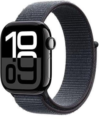 Apple Watch Series 10 [GPS, 42mm] - Cassa in Alluminio Nero Lucido con Cinturino Rosso Sportivo ad Anello, One Size (Ricondizionato)