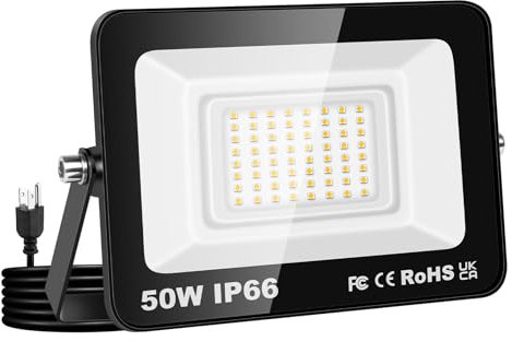 Willpower Foco LED Exterior Interior Proyector LED 50W 5,000LM Focos de Luz 3000K Blanco Cálido IP66 Luz de Inundación Iluminación para Garaje Patio Jardín Terraza Parque Trabajo, con Enchufe