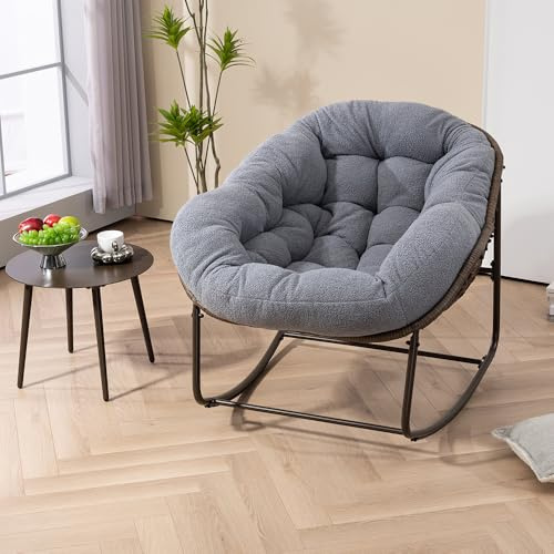 Romanbin Schaukelstühle 1PCS – Moderner Außengarten-Rocker mit Dicker Polsterung, Oversized Rattan Ei-Schaukelstuhl für Balkon, Terrasse, Garten, Innen & Außenbereich, Grau
