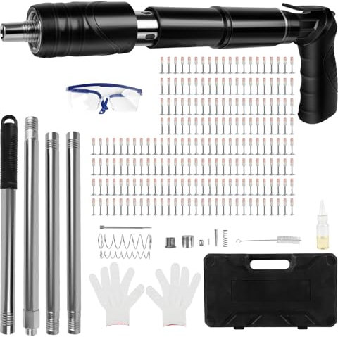 Pistola manuale per unghie con 200 chiodi rotondi, 5 marce, dispositivo regolabile per acciaio e cemento, portatile e silenzioso, con kit di protezione (guanti, occhiali, tappi per le orecchie) (nero)