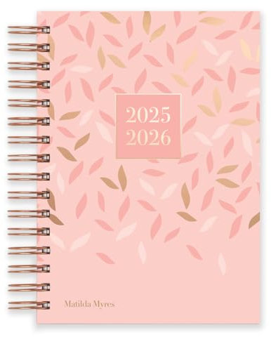 Agenda 2025-2026, formato A5, un giorno per pagina, con rilegatura a spirale e copertina rigida, dettagli in oro rosa, rosa