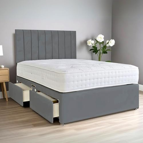 amu - Luxurious Stripe Double Bed and Mattress Included | 2 Storage Drawers | Plush Fabric | Elegant Space-Saving Comfort for Restful Sleep | Built to Last (Grey)