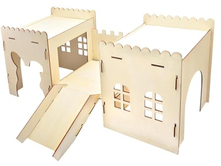 Sdlnklm Holz Hasenversteck, Burg, Stabiles Großes Holz Hasenhaus mit Höhle, Treppe, Bett, Hütte für Rennmäuse, Igel Und Andere Kleintiere Zum Spielen