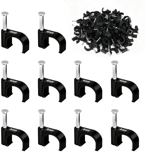 HuaoPOr Cable Clips (200 pcs), 4 mm Cable Nail Clips, Black Round Wire Tidy Clips for Outdoor and Ethernet Cable Holders, Wall Cable