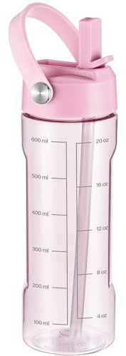 GOPPUS 600ml/20oz Clear Water Bottle with Straw, Tritan Leakproof Sports Drinking Bottle, BPA Free Wide Mouth Gym Bottle with Handle and Measurement Marks for School, Gym, Travel (Pink)