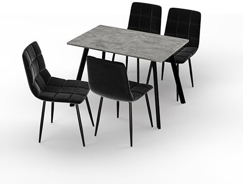URBNLIVING 110cm Dining Table & 4 Velvet Chairs Set – Modern Metal Frame Kitchen Furniture, Contemporary Dining Room Set - Concrete Table Black Chair