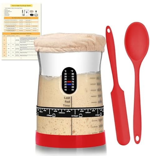 Coco Bird Pro Sauerteig Starter Set – 1,5L Großes Sauerteig Glas mit 17 Rezepten – Sauerteigstarter Zubehör für Brotbacken & Fermentation (Rot, 1 Set)