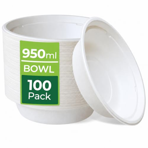 100 Pack Strong Paper Bowls – Large White Disposable Bowls for Parties 32oz | 8.5x2.4in, Heavy-Duty Recyclable Microwavable Deep Bagasse Bowls for Hot Food, Serving, Picnic, Camping, Pasta, Salads