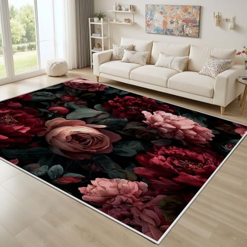Dyjuaa Dunkle Blumen Teppich 120x180 cm, Rose Pfingstrose Teppiche Waschbar rutschfest Kurzflor, Vintage Romantisch Teppiche Kinderzimmer, Carpet für Schlafzimmer, Wohnzimmer, Esszimmer