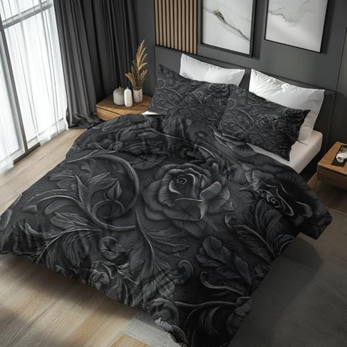 Generisch Gothic Blumen Bettwäsche 155x220 2er Set Mit Rosen Schwarz Goth Muster Bettbezug Set Bügelfreie Bettwäsche Mit Reißverschluss, Kissenbezug, Gothic Blumen Deko