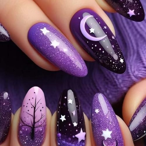 24pcs Galaxy Stiletto Nail Tips With Glitter & Star Design - Purple Black Almond False Nails For Women Evening Party Manicure Set, Multi Sizes Fantasy Celestial Art Glossy Glam