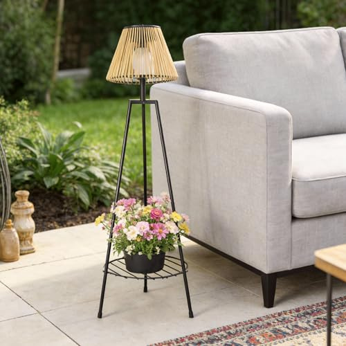 DJGIFI Solarlaterne für Außen Stehend, Rattan Gartenlaterne Blumenständer | 2-in-1 Solar-Stehlampe & Pflanzständer. Dreibein-Design, 120cm hoch. Warmweißes LED, Kabellos & Wetterfest für Terrasse.