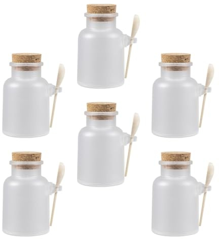 Sewroro Lot de 6 Sets de Flacons Rechargeables pour Masque Visage 100 G Cuillère en Bois et Bouchon en Liège, Bouteilles Vides pour Sels de Bain, Porte-poudre Portable pour Soins