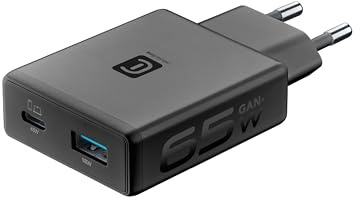 Cellularline Netzladegerät Power Lite Dual mit GaN+ Technologie, USB-C 65 W Power Delivery, USB-A 18 W Quick Charge, kompaktes Design, schwarz