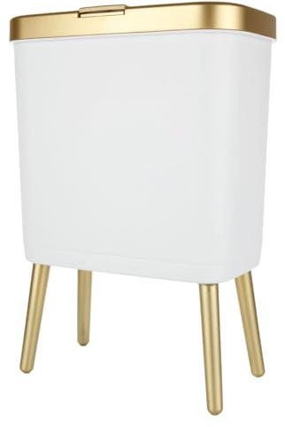 MUXHEL Plastic Bathroom Bin with Lid 15L Bedroom Bin with Lid Trash Bin Kitchen with Legs for Bedroom Bathroom Living Room Office-White Gold