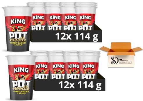 Pot Noodle Bombay Bad Boy King Size 12 x 114g (Pack of 2) – Extra Spicy Instant Noodles Pots | Fiery Curry Flavour | Quick & Easy Hot Meal Bulk Value Pack