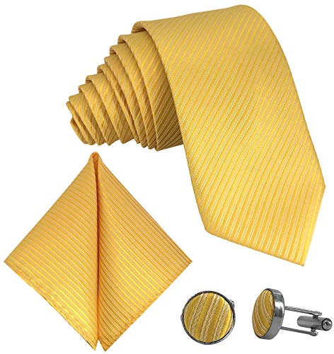 GASSANI 3-SET Gelbe Krawatte Streifen gestreift | Binder Gelb Manschettenknöpfe Einstecktuch | Krawattenset zum Anzug Seide-Optik