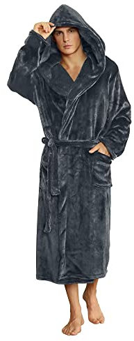U2SKIIN Herren Kapuze Bademantel, Plüsch Bademäntel für Herren lange Fleece Plüsch Bademantel flauschig aus Flanell (Dunkelgrau, L/XL)