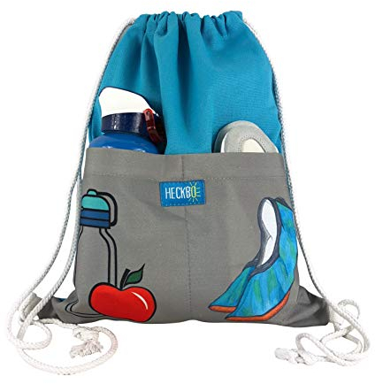HECKBO Kinder Turnbeutel mit 2 praktischen Taschen türkis grau - Gymsack, Rucksack, Sportbeutel, Beutel, Schuhbeutel, Tasche - Hipster, Mädchen, Jungen, Jungs, Erwachsene, Kinder