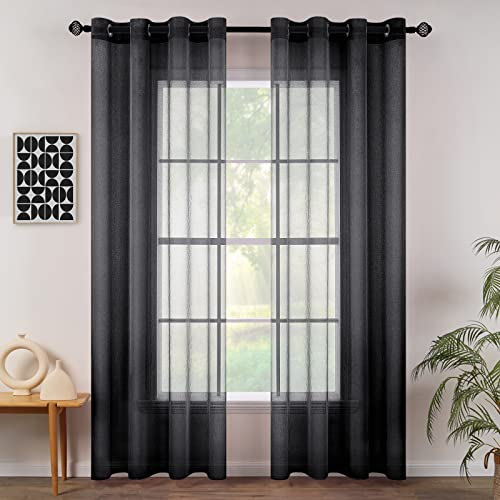 MIULEE 2er Set Sheer Voile Vorhang mit Ösen Transparente Gardine aus Voile Polyester Ösenschal Transparent Wohnzimmer Luftig Dekoschal für Schlafzimmer 140 X 260 cm (B x H), Grommet Top Schwarz