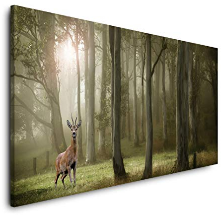 Wald mit Rehbock 120x 60cm Panorama Leinwand Bild XXL Format Wandbilder Wohnzimmer Wohnung Deko Kunstdrucke