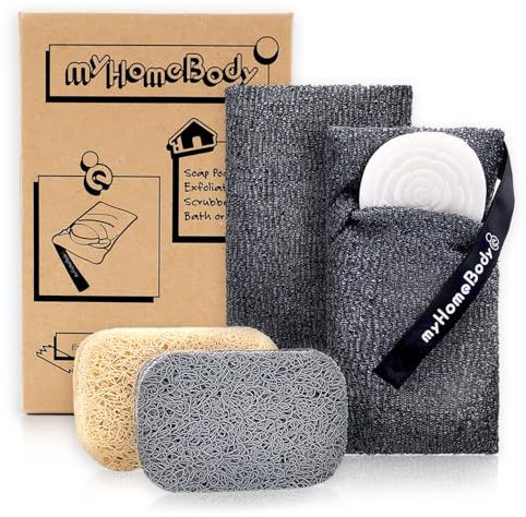 myHomeBody Soap Pocket Exfoliating Pouch, Body Scrubber Sponge, Exfoliator for Bath, Shower or Leftover Bits Saver, Graphite Gray, 2 Pack + 2 Lift Pads